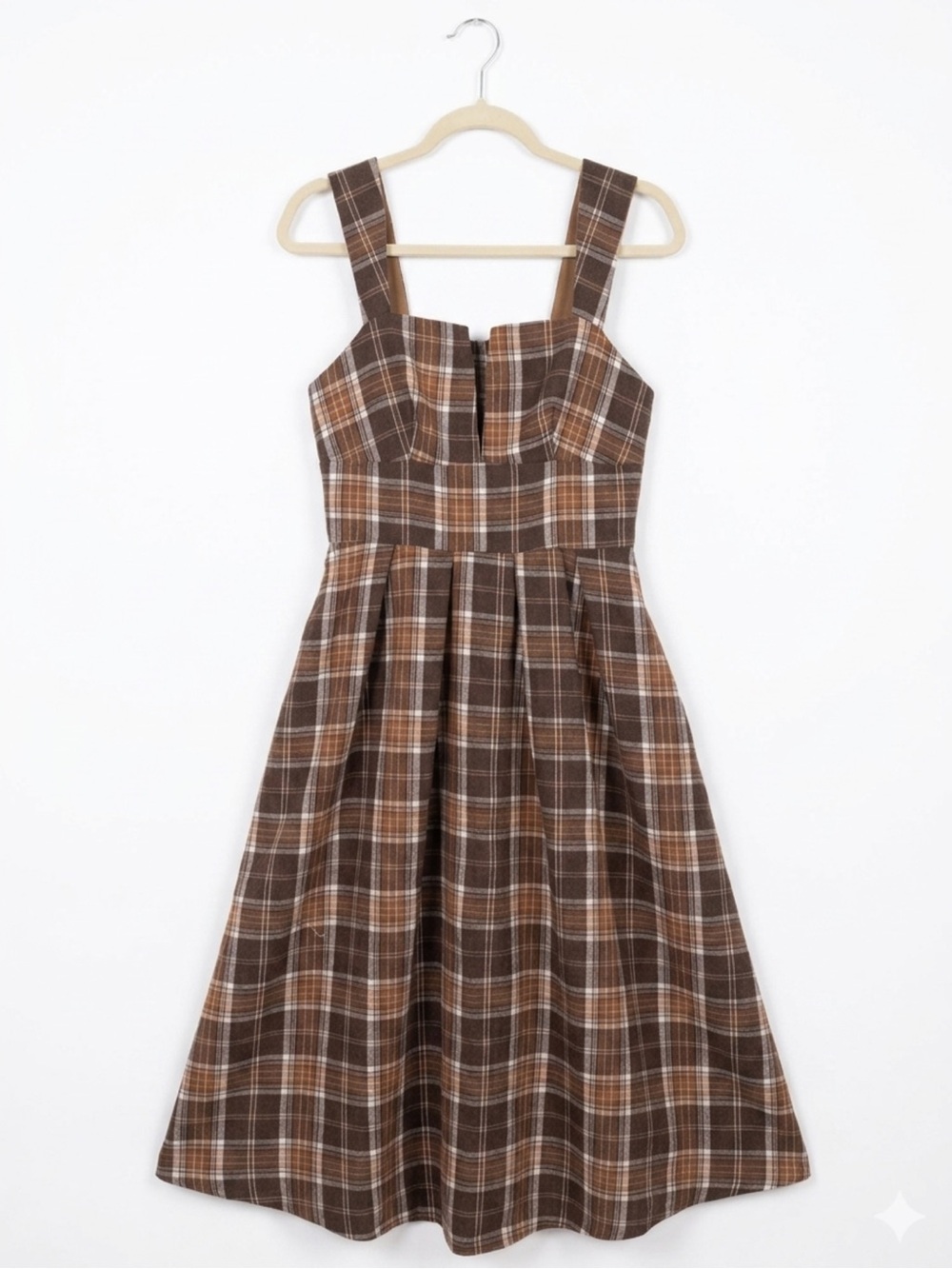 Plaid Brown Square-Neck Midi Dress